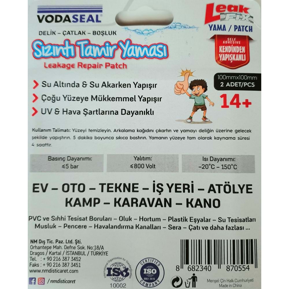 Vodaseal Sızıntı Tamir Yaması -Delik - Çatlak - Boşluk 100x100 mm
