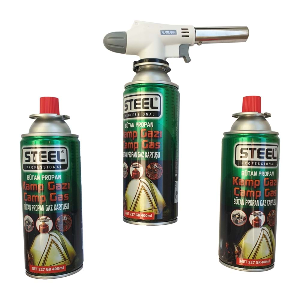 Steel Kamp Gazı Seti | 3×400 ml Gaz Kartuşu + Pürmüz (Flame Gun)