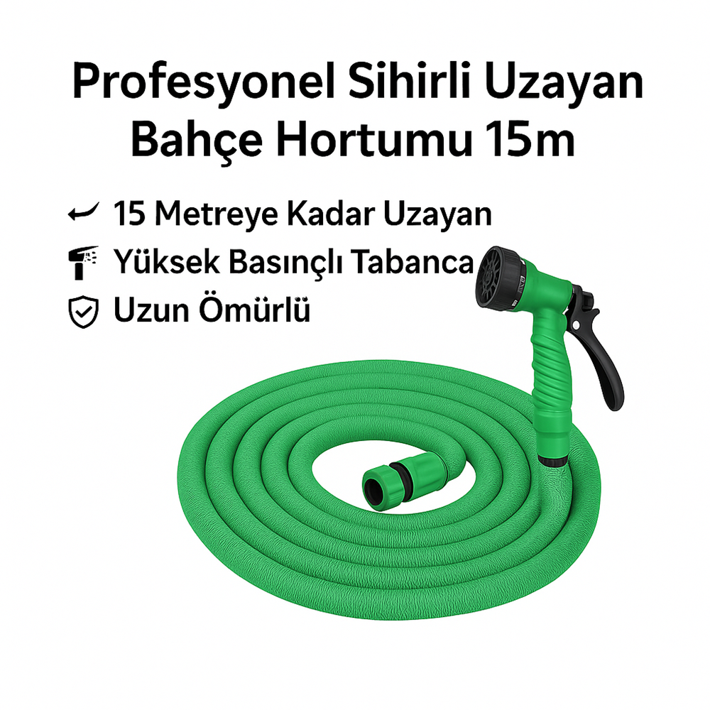 15 Metre Uzayan Bahçe Hortumu – Yüksek Basınçlı Sulama Tabancası – Profesyonel Set