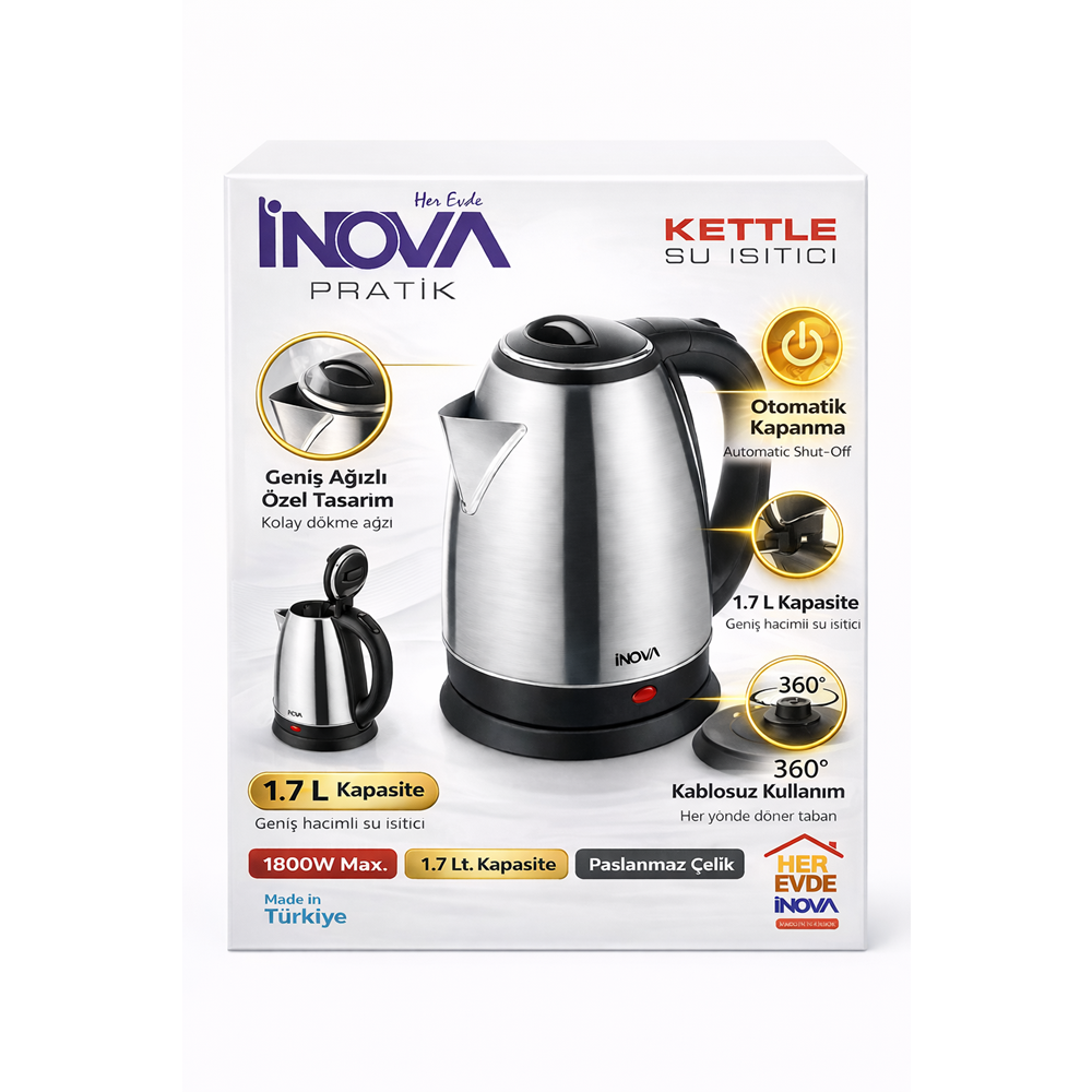 INOVA Pratik 1.7 L Paslanmaz Çelik Kettle – 1800W