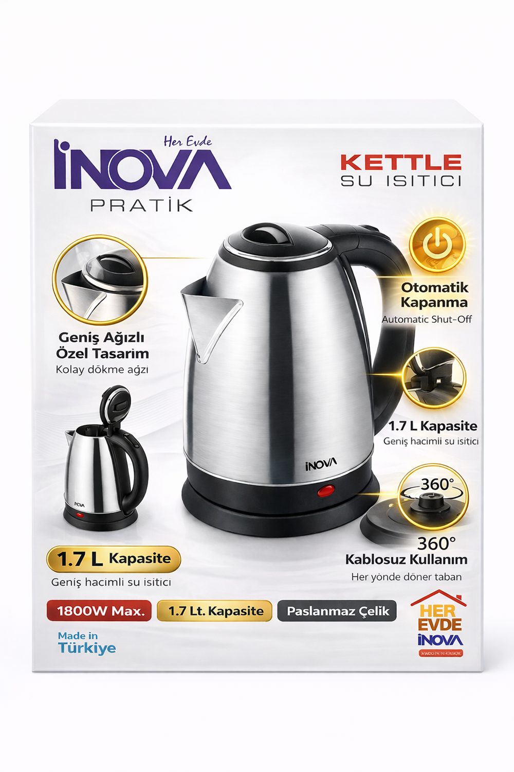 INOVA Pratik 1.7 L Paslanmaz Çelik Kettle – 1800W