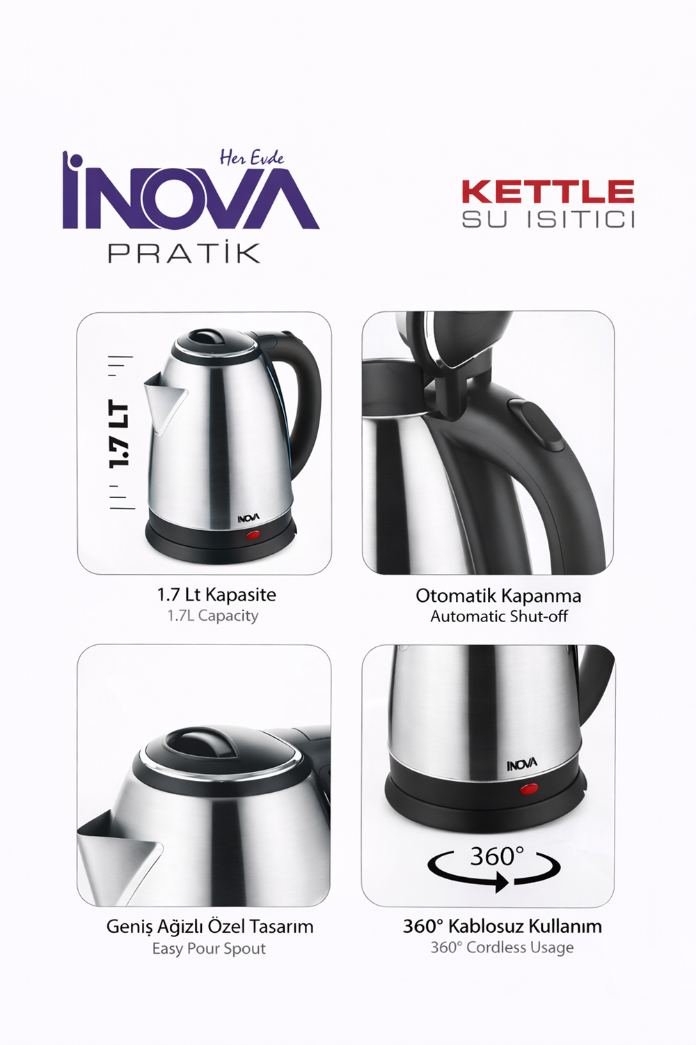 INOVA Pratik 1.7 L Paslanmaz Çelik Kettle – 1800W
