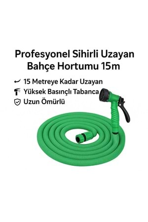 Profesyonel Sihirli Uzayan Bahçe Hortumu 15m – Yüksek Basınçlı Çok Amaçlı Sulama Tabanca Seti