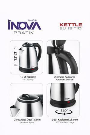 INOVA Pratik 1.7 L Paslanmaz Çelik Kettle – 1800W