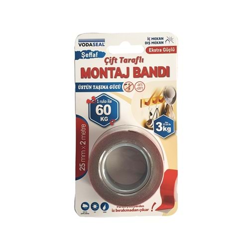 Vodaseal Çift Taraflı Montaj Bandı Üstün Taşıma Gücü 25mm x 2 mt