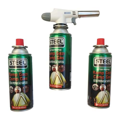 Steel Kamp Gazı Seti | 3×400 ml Gaz Kartuşu + Pürmüz (Flame Gun)